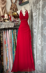 Chic V-neck Sheath Long Evening Dress Chiffon Red Prom Dress DP05293
