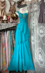 Chic One-shoulder Sheath Long Evening Dress Chiffon Turquoise Prom Dress DP05295
