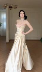 Chic Champagne Birthday Dress Sweetheart Satin Sheath Evening Dress Sleeveless Prom Dress DP05302