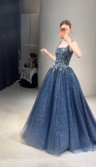 Chic Tulle Evening Dress Straps A-Line Beaded Formal Dress Sleeveless Blue Prom Dress DP05307