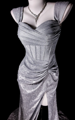 Glitter Satin Evening Dress Straps Sheath Formal Dress Sleeveless Gray Prom dress with Slit DP05309