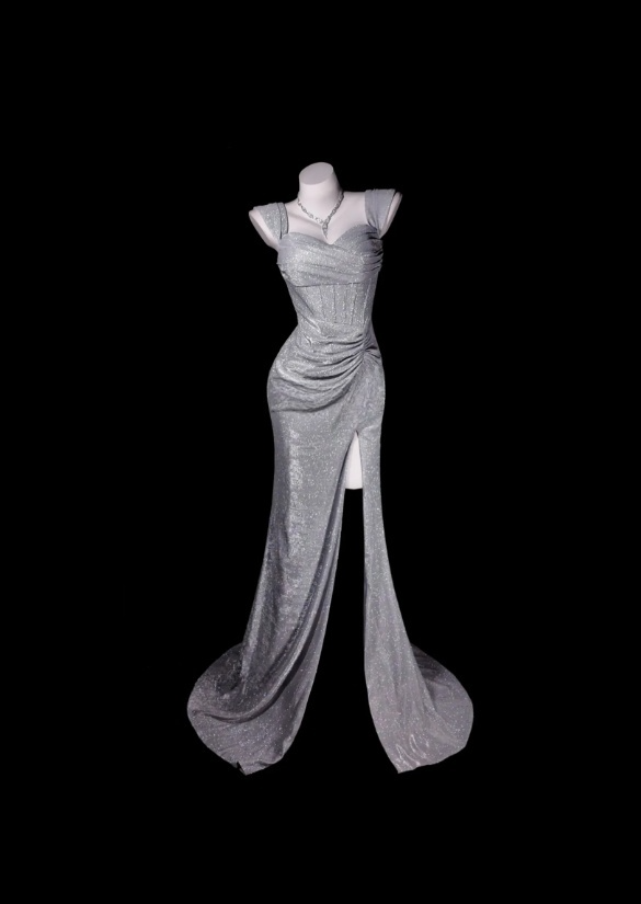 Glitter Satin Evening Dress Straps Sheath Formal Dress Sleeveless Gray Prom dress with Slit DP05309