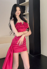 Fashion Hot Pink Short Birthday Dress Spaghetti Straps Prom Dress Two-Piece Satin Party Dress DP05311
