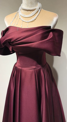 Chic Burgundy Prom Dress A-line Off-shoulder Satin Long Evening Dress DP05317