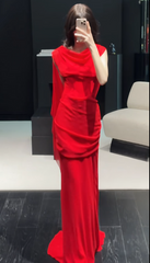 Chic Red Prom Dress Sheath Swing Neck Chiffon Long Evening Dress DP05319