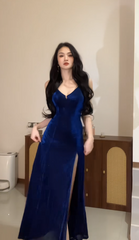 Chic Blue Prom Dress Glitter Satin Birthday Dress Sheath Spaghetti Straps Long Evening Dress with Slit DP05321