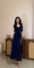 Chic Blue Prom Dress Glitter Satin Birthday Dress Sheath Spaghetti Straps Long Evening Dress with Slit DP05321