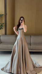 Chic Strapless Prom Dress Satin Birthday Dress A-line Long Evening Dress DP05323