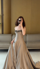 Chic Strapless Prom Dress Satin Birthday Dress A-line Long Evening Dress DP05323