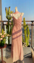 Chic Sheath Long Evening Dress Spaghetti Straps Chiffon Beaded Party Dress Pink Prom Dress DP05334