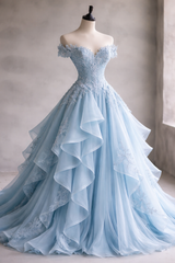 Gorgeous A-Line Long Evening Dress Off-shoulder Tulle Applique Party Dress Pale Blue Prom Dress DP05336