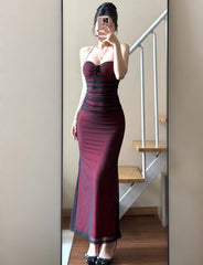 Sexy Sheath Long Evening Dress Spaghetti Straps Tulle Party Dress Red Prom Dress DP05337