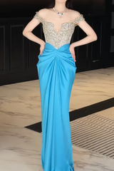 Chic Blue Long Evening Dress Off-shoulder Sheath Satin Beaded Prom Dress DP05352