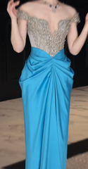 Chic Blue Long Evening Dress Off-shoulder Sheath Satin Beaded Prom Dress DP05352