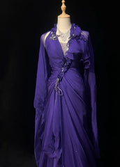 Chic Halter Sheath Chiffon Long Evening Dress Purple  Prom Dress DP05355