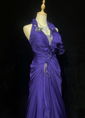 Chic Halter Sheath Chiffon Long Evening Dress Purple  Prom Dress DP05355