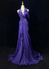 Chic Halter Sheath Chiffon Long Evening Dress Purple  Prom Dress DP05355