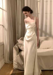 Elegant White Satin Long Evening Dress Spaghetti Straps Sheath Prom Dress Sleeveless Party Outfit DP05356