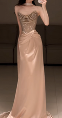 Chic Gold Evening Dress Strapless Sheath Tulle Long Prom Dress Sleeveless Birthday Dress DP05359
