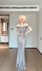 Chic Tulle Prom Dress Sheath Off-shoulder Long Formal Dress DP05364