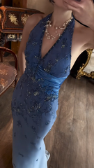 Vintage Blue Prom Dress Sheath Halter Chiffon Beaded Long Evening Dress DP05366