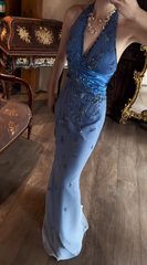 Vintage Blue Prom Dress Sheath Halter Chiffon Beaded Long Evening Dress DP05366