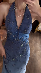 Vintage Blue Prom Dress Sheath Halter Chiffon Beaded Long Evening Dress DP05366