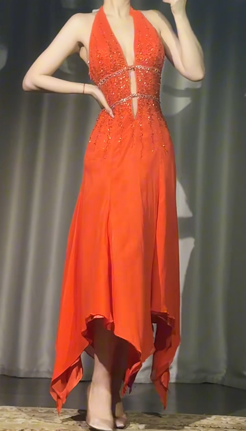 Chic Orange Prom Dress A-Line Halter Beaded Chiffon Long Evening Dress DP05368
