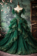 Chic Green Prom Dress Tulle Applique Ball Gown Lace Swetheart Quinceanera Dress DP05370