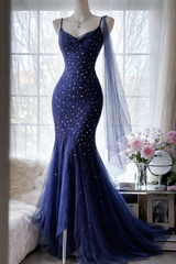 Chic Navy Blue Prom Dress Tulle Spaghetti Straps Beaded Long Evening Dress Sheath Sleeveless Formal Dress DP05372