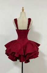 Classy Burgundy Short Prom Dress Satin A-Line Birthday Dress Straps Sleeveless Formal Dress DP05376