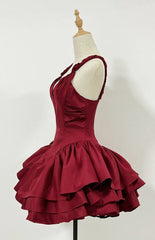 Classy Burgundy Short Prom Dress Satin A-Line Birthday Dress Straps Sleeveless Formal Dress DP05376