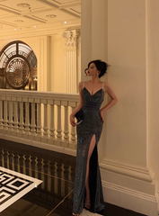 Elegant Glamour Sheath Straps Spaghetti Blue Sequin Slit Prom Gowns Party Dress Classy Gowns Evening Dresses DP1460