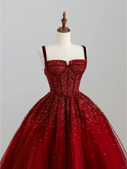 Elegant Glamour A line Spaghetti Straps Tulle Red Long Prom Dress Party Dress Evening Dresses DP1522