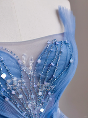 Elegant Glamour A line Strapless Blue Tulle Long Prom Dresses Party Dress Evening Dress DP1529