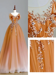 Elegant Glamour Ball Gown Scoop Orange Tulle Long Prom Dresses Party Dress Evening Dress DP1557