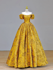 Elegant Glamour Ball Gown Off The Shoulder Yellow Satin Long Prom Dresses Party Dress Evening Dress DP1587