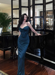 Elegant Glamour Mermaid Spaghetti Straps Blue Long Prom Dress Party Dress Evening Dresses DP1632