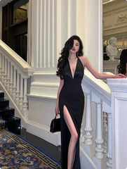 Elegant Glamour Mermaid V Neck Black Backless Long Prom Dress Party Dress Evening Dresses DP1635