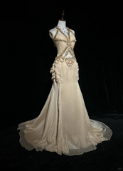Vintage A Line Halter Chiffon Champagne Long Prom Dress Party Dress Evening Dresses DP1693