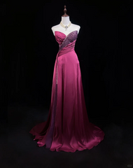 Vintage A Line Sweetheart Pink Slit Satin Long Prom Dress Party Dress Evening Dresses DP1697