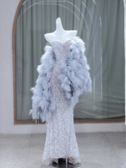 Vintage Mermaid Sweetheart Sleeveless Sequin Silver Long Prom Dresses Ruffles Evening Gowns Evening Dress DP1846