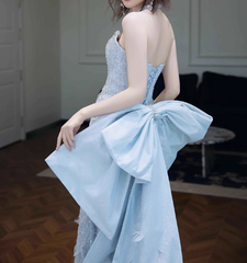 Modest Mermaid Sweetheart Neck Long Evening Gowns Ice Blue Satin Beaded Special Formal Dresses Prom Dresses DP2774