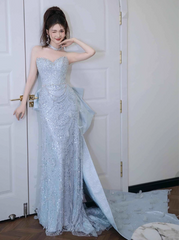 Modest Mermaid Sweetheart Neck Long Evening Gowns Ice Blue Satin Beaded Special Formal Dresses Prom Dresses DP2774