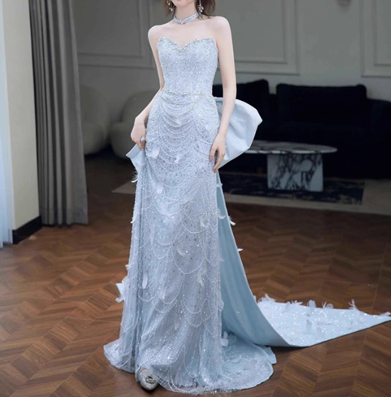 Modest Mermaid Sweetheart Neck Long Evening Gowns Ice Blue Satin Beaded Special Formal Dresses Prom Dresses DP2774