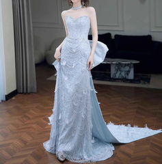 Modest Mermaid Sweetheart Neck Long Evening Gowns Ice Blue Satin Beaded Special Formal Dresses Prom Dresses DP2774