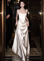 Modest Sheath Square Neck Long Evening Gowns White Satin Special Formal Dresses Prom Dresses DP2775