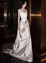 Modest Sheath Square Neck Long Evening Gowns White Satin Special Formal Dresses Prom Dresses DP2775