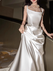 Modest Sheath Square Neck Long Evening Gowns White Satin Special Formal Dresses Prom Dresses DP2775