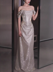 Modest Sheath Off-the-shoulder Long Evening Gowns Silver Glitter Special Formal Dresses Prom Dresses DP2776